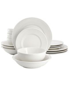 Elama Kate 16 Piece Textured Trim Double Bowl Porcelain Dinnerware Set in White