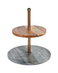 Laurie Gates California Designs Grey Marble and Acacia Wood 2 Tier Server